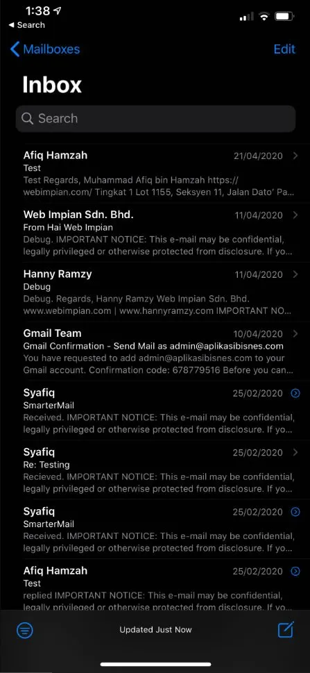 Peti masuk di aplikasi Mail