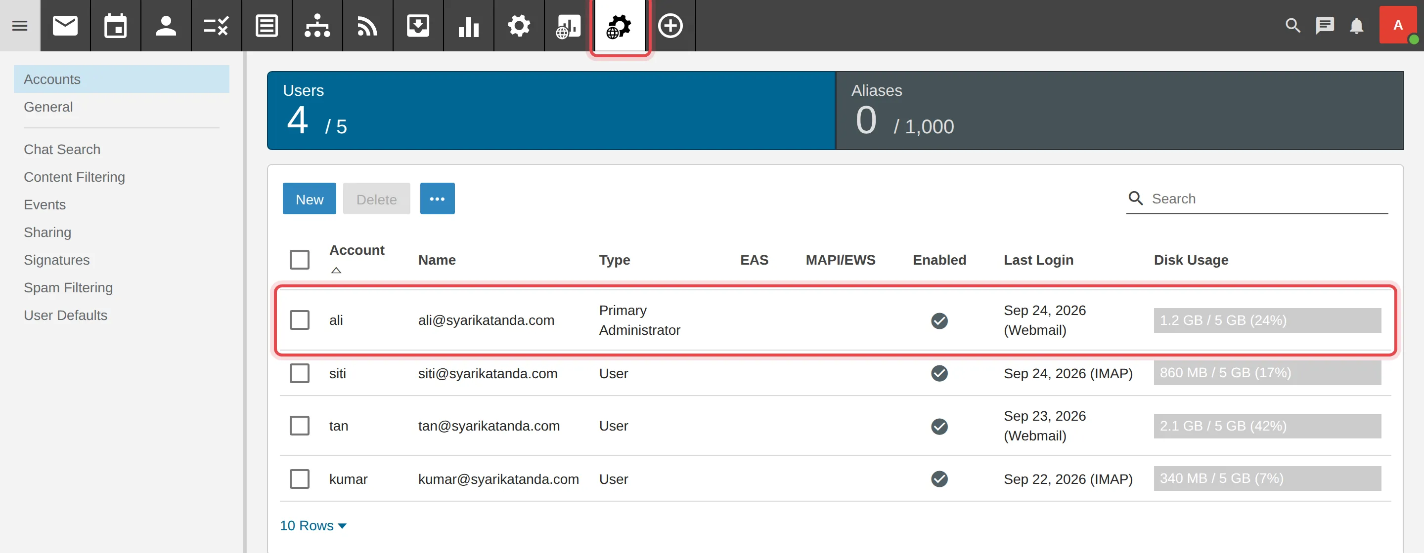 Domain Settings dan senarai pengguna