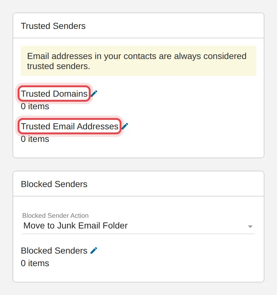 Trusted Domains dan Trusted Email Addresses